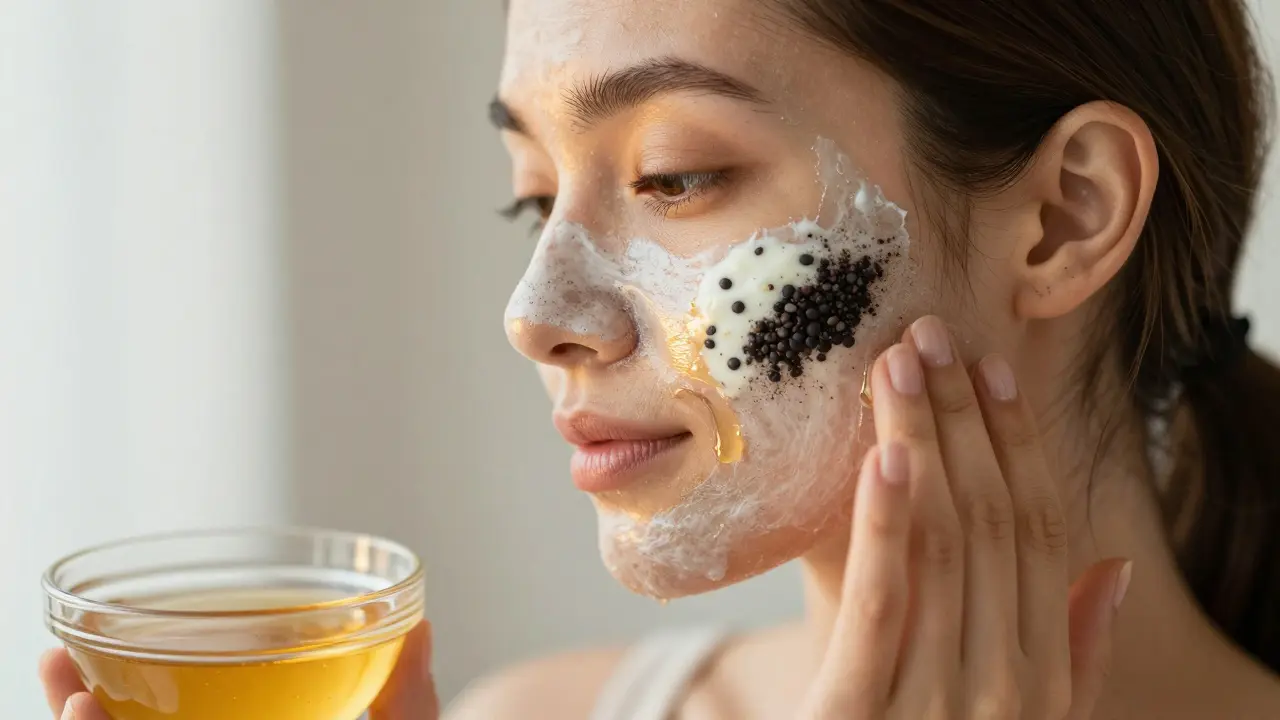 Žena aplikuje domácí masku z medu a jogurtu na obličej v klidné kuchyni.