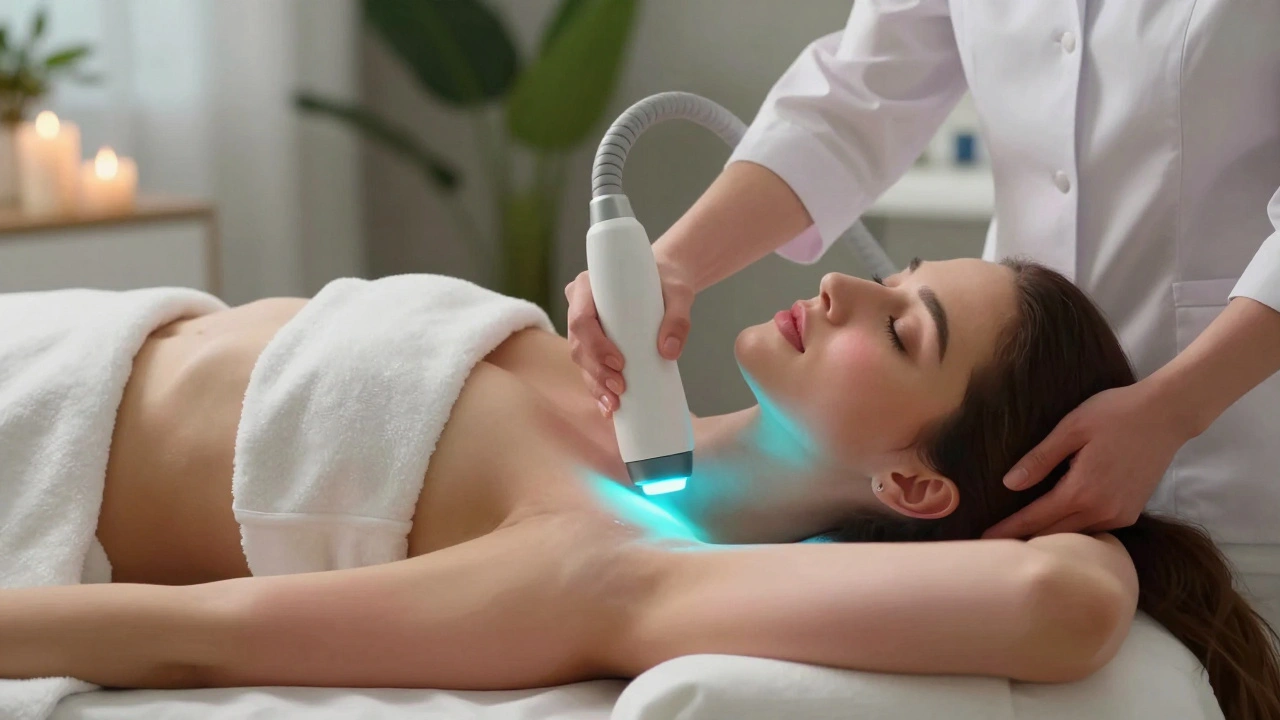 Žena podstupuje IPL depilaci na podpaží, klasické modré světlo září na kůži.