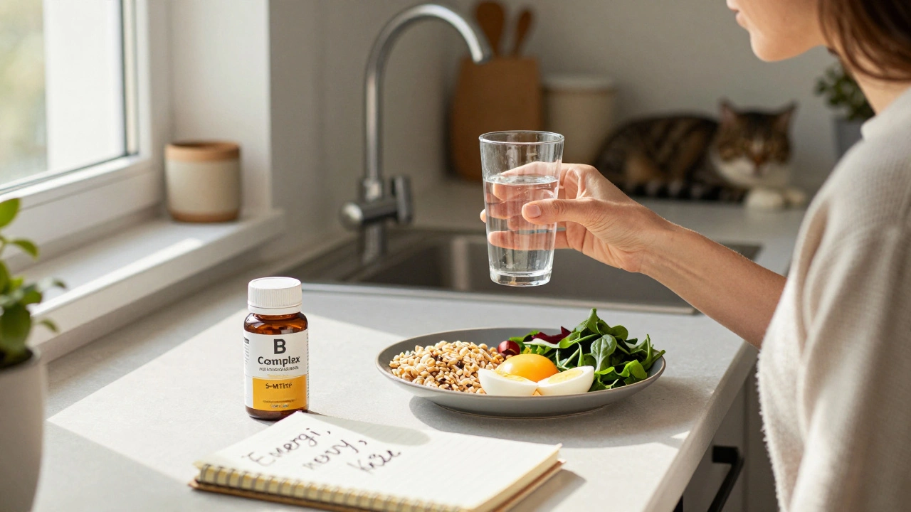Žena v kuchyni bere denní doplněk B-komplexu s jídlem, slunce osvětluje stůl s zdravými potravinami.