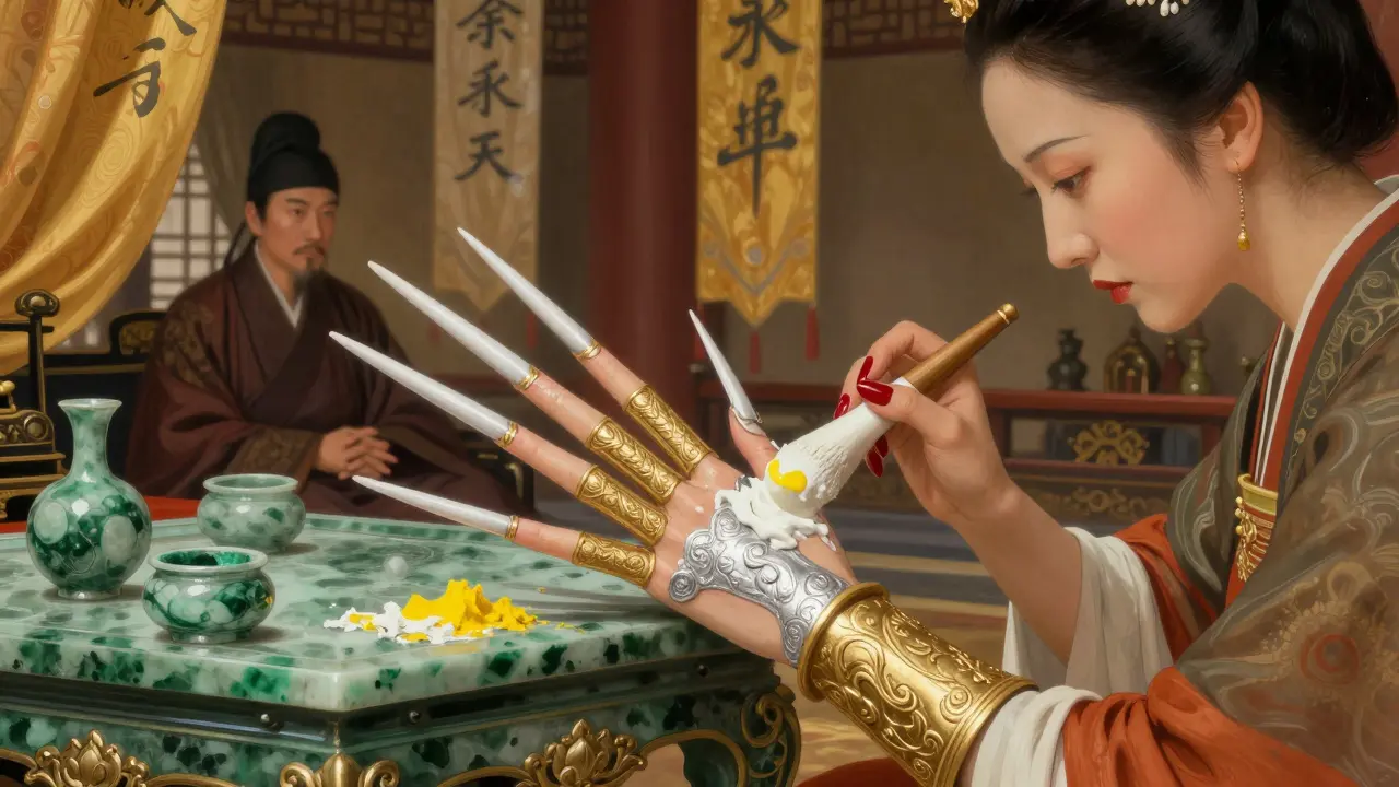 Čínská císařská dáma má dlouhé nehty v zlatých návlečkách, zatímco služebník aplikuje bílou nátěrovou směs.