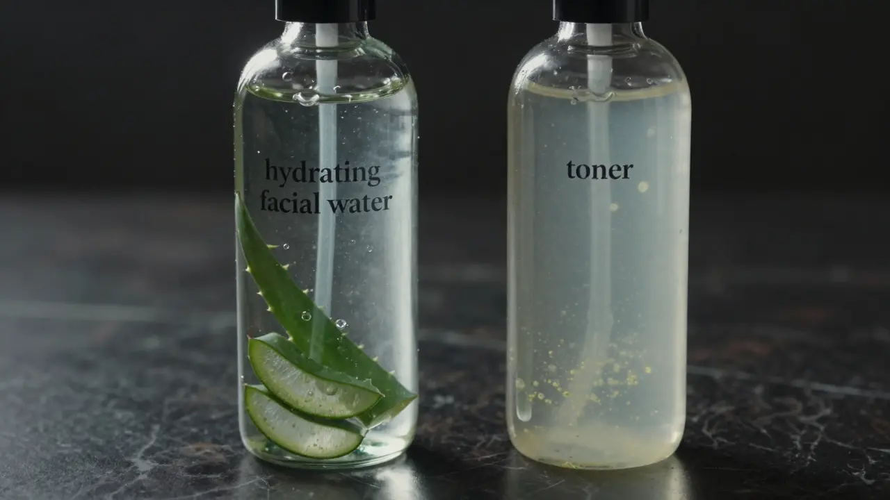 Dvě průhledné láhve s pleťovou vodou a tonikem na tmavém mramoru.