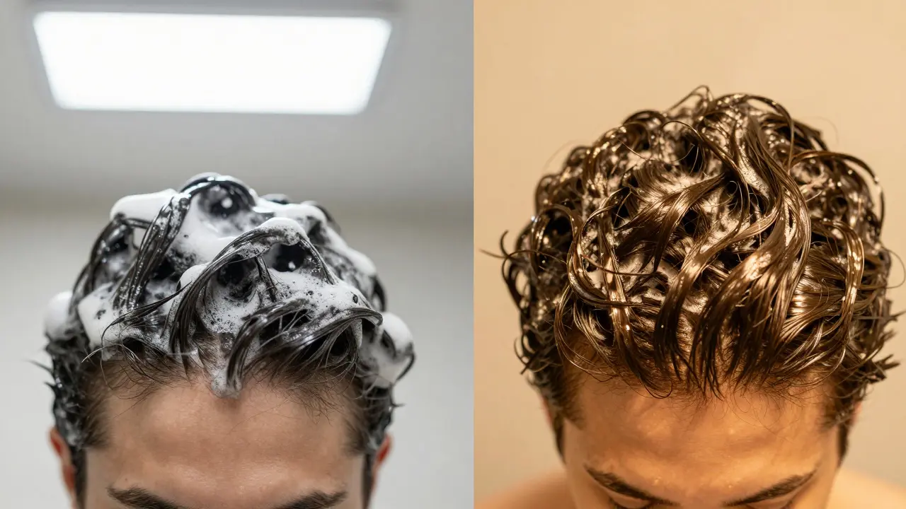 Dvě verze vlasů: mastné po denním šamponování a zdravé po šesti týdnech bez šamponu.