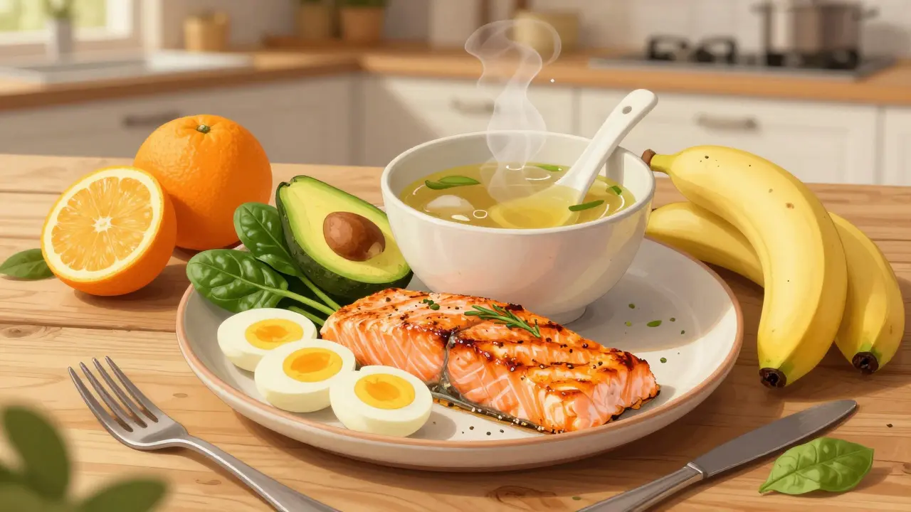 Jídlo pro pevnou pokožku: losos, vajíčka, avokádo, špenát a banány na dřevěném stole.