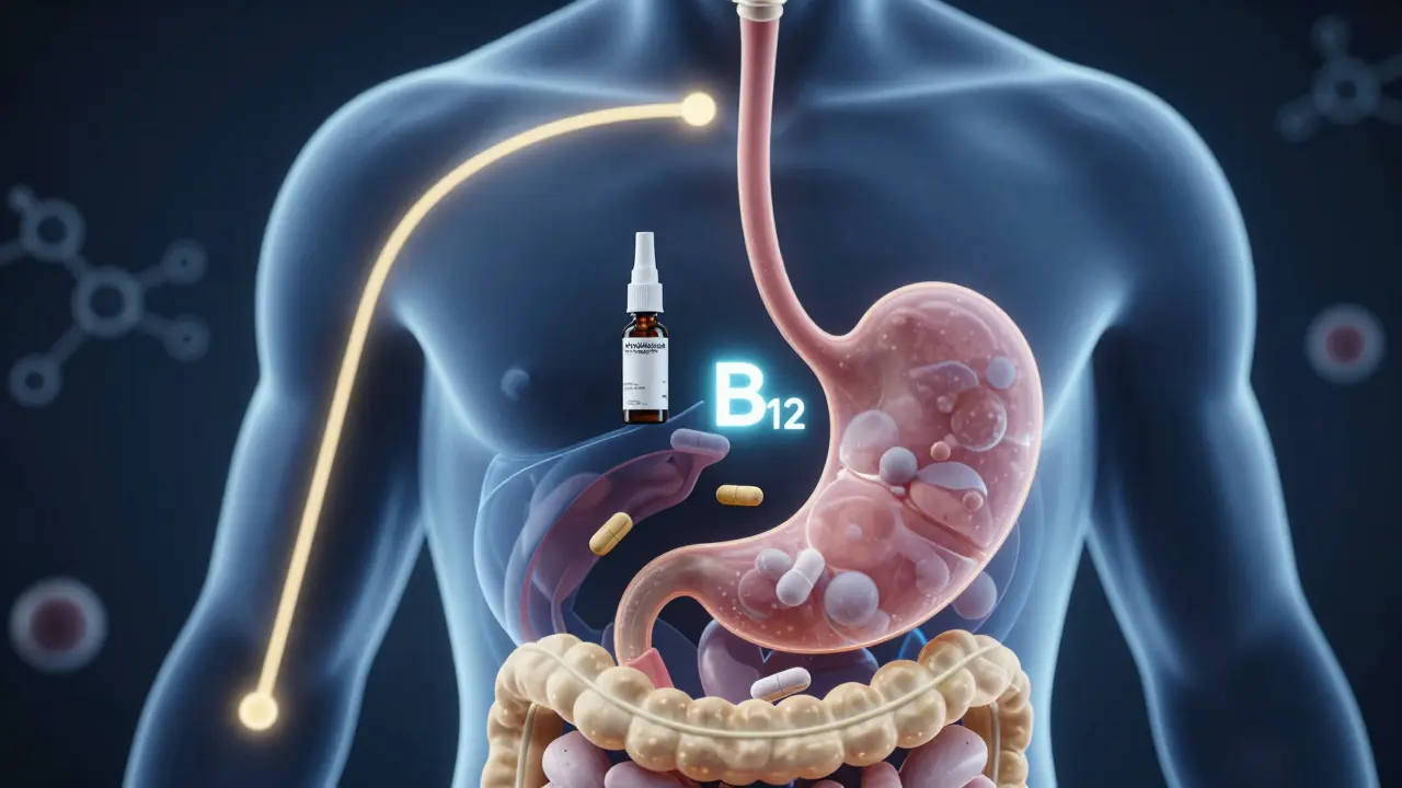 Konceptuální obrázek ukazující různé způsoby vstřebávání vitamínu B12 v těle.