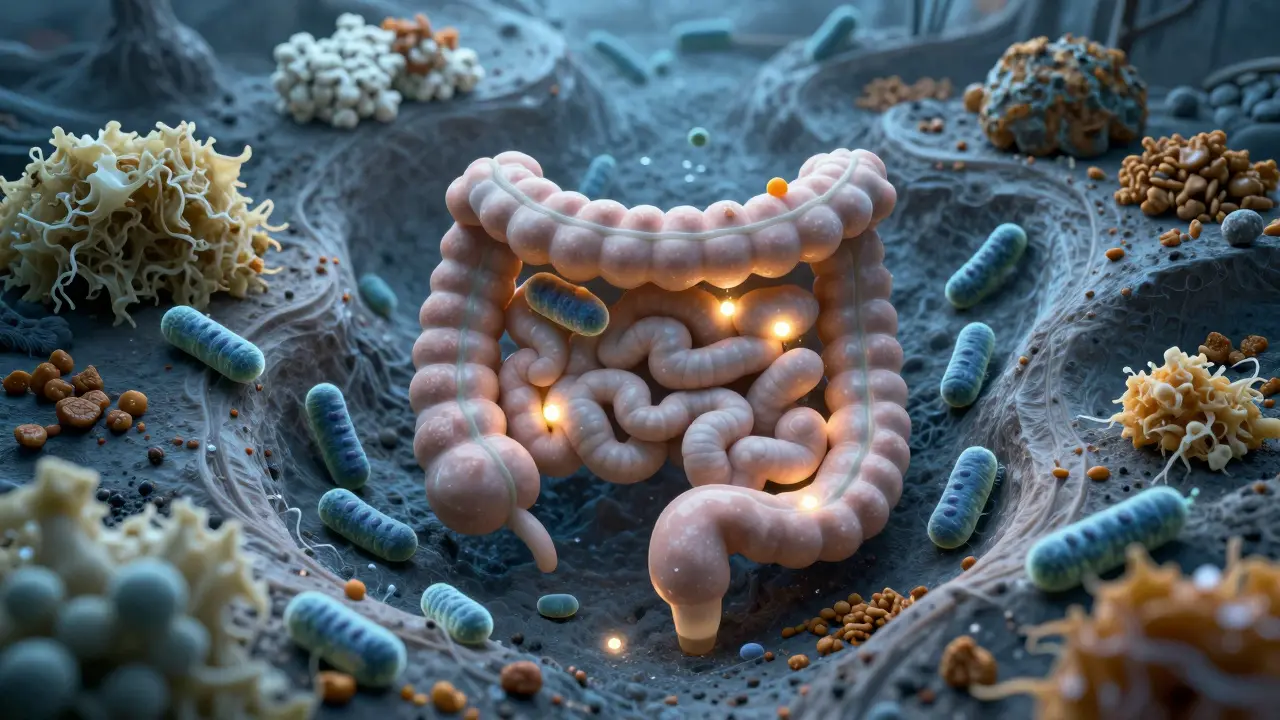 Konceptuální znázornění střev s probiotickými bakteriemi žijícími v kvašených potravinách