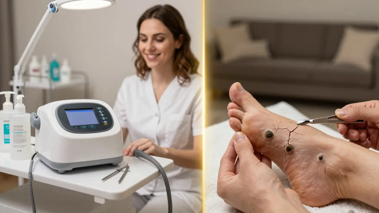 Kontrast mezi bezpečnou pedikúrou v salónu a nebezpečnou domácí péčí s houbičkami.