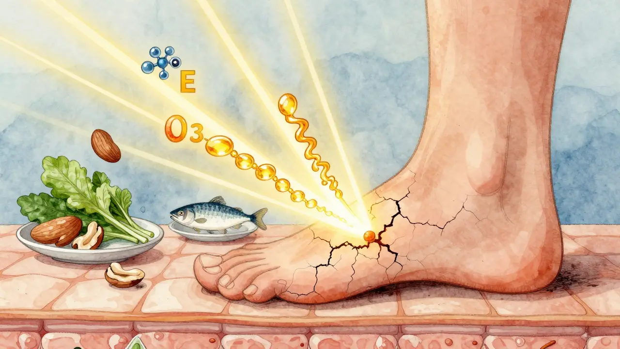 Kreslená noha s trhlinami, které se hojí pomocí symbolů živin: zinek, vitamín E a omega-3 z potravin.