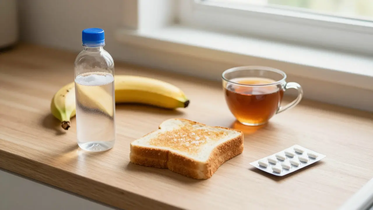 Kuchyňský stůl s přírodními prostředky proti průjmu: vodním roztokem, banánem, toastem a černým čajem.