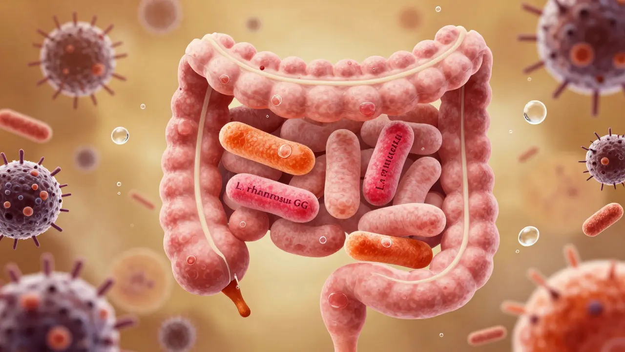 Mikroskopický pohled na střevo s zdravými bakteriemi, které převáží škodlivé bakterie a elektrolyty.