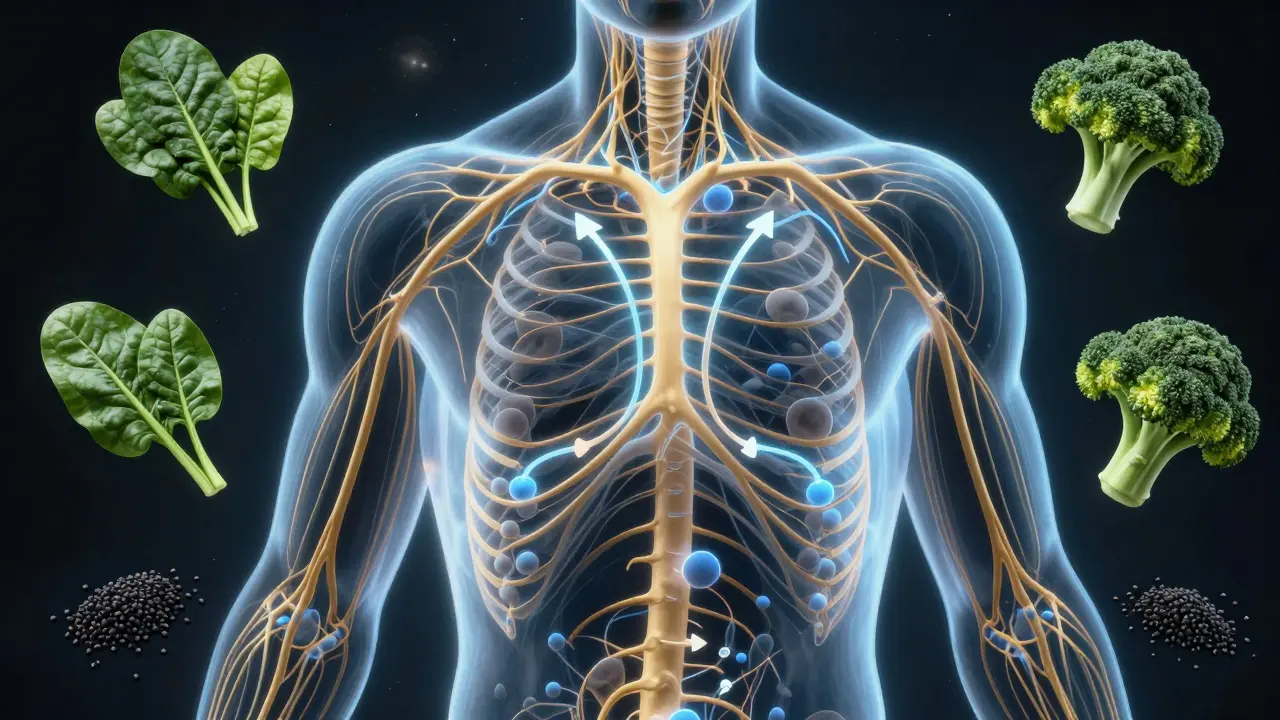 Nervový systém svítí modře a zlatem, obklopený zelenou zeleninou a černou čokoládou.