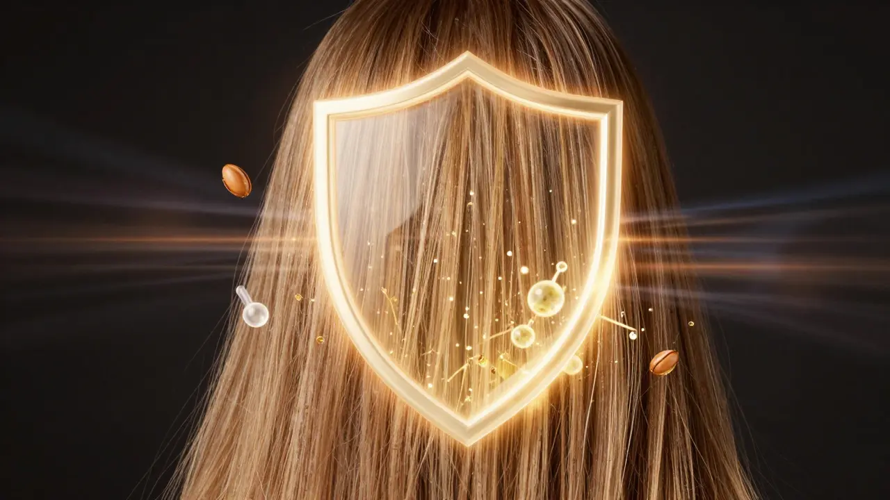 Ochranná vrstva kolem vlasů odrazující teplo a UV záření.