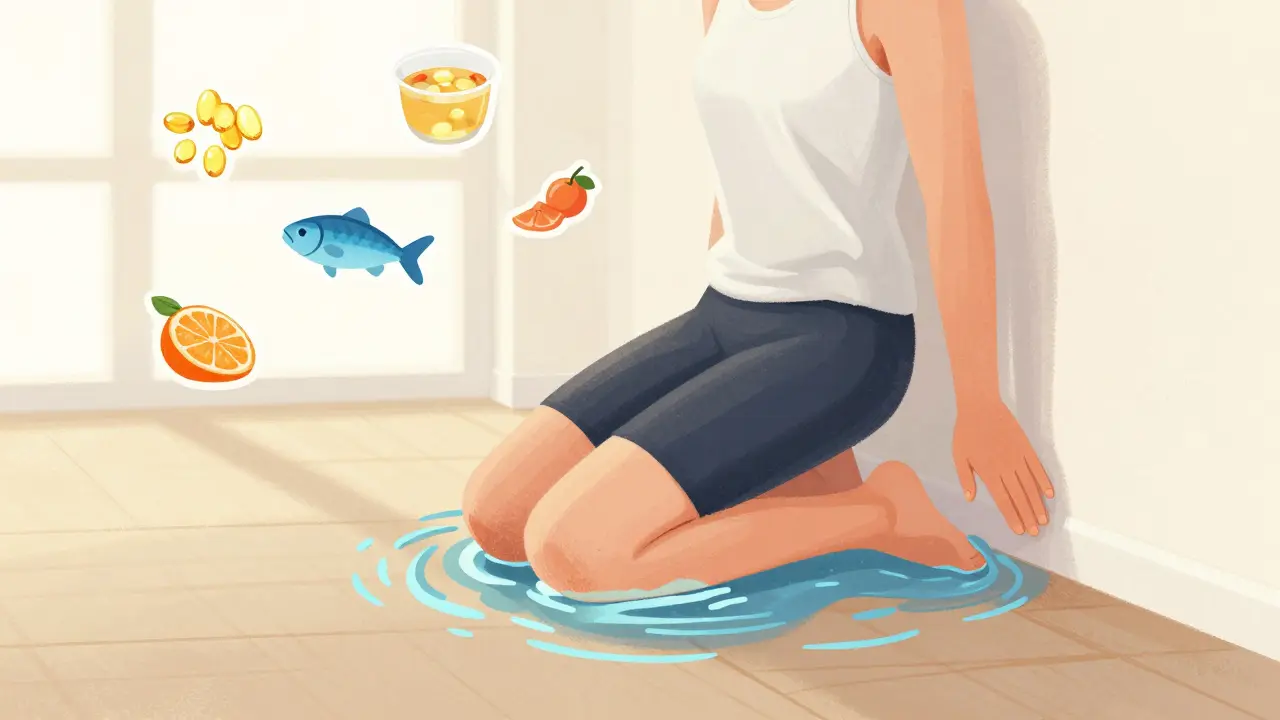 Osoba dělá jemné cvičení opřená o zeď, kolem ní jsou potraviny pro zdraví kloubů.