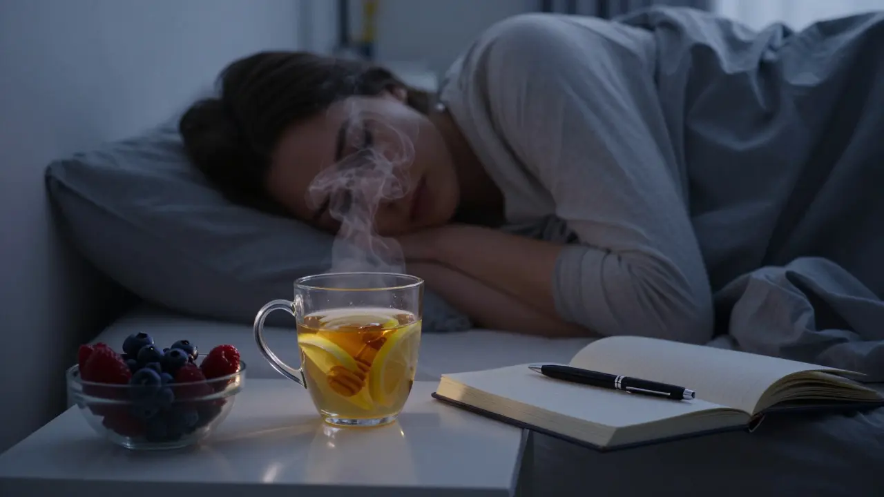 Pokoj v noci, člověk spí, na nočním stolku teplá voda s medem a citronem.