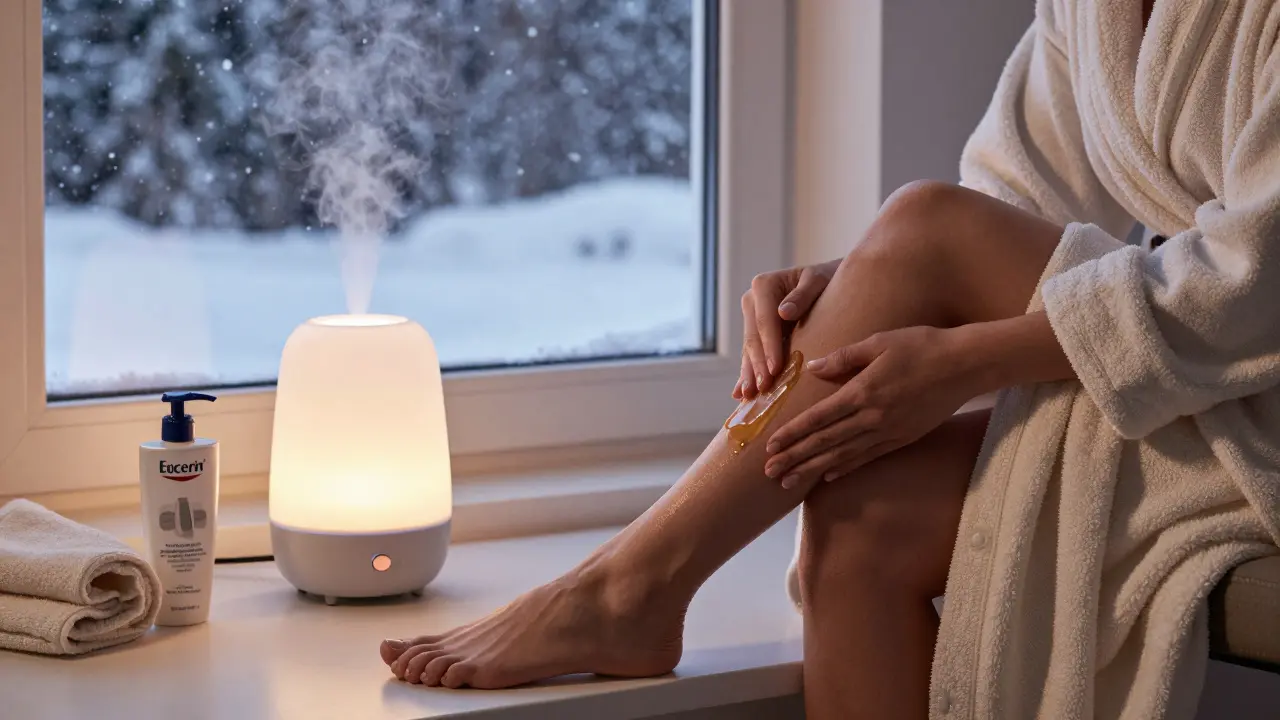 Příjemná zimní scéna s aplikací tělového oleje a vlhčovačem vzduchu.