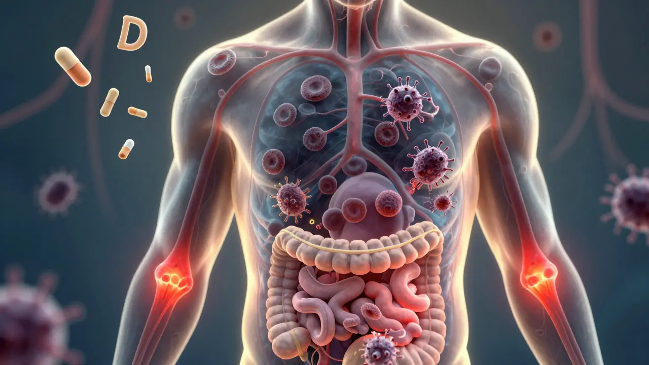 Průhledné tělo s pomalými imunitními buňkami a záněty v kloubech a střevech, chybějící vitamíny jako prázdné ikony.
