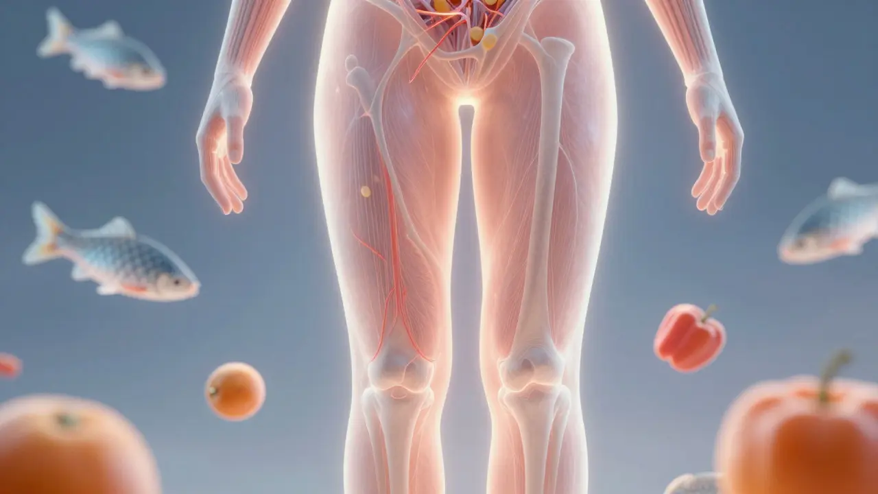Průřez lidského těla s kolagenovými vlákny a vitamínem C ve formě ovoce.