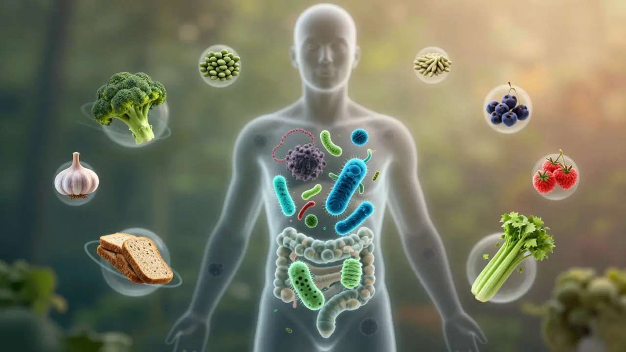 Průřez těla s rovnováhou prospěšných a škodlivých bakterií v útrobách, obklopený potravinami pro střevo.