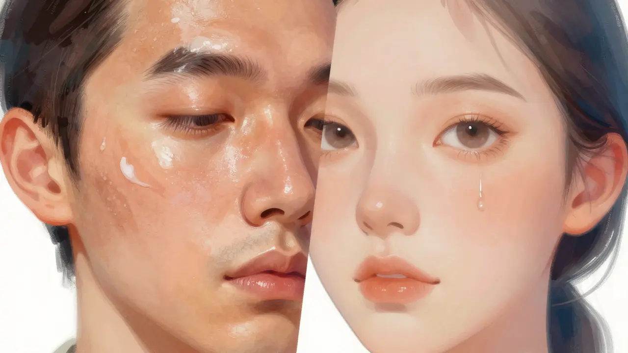 Rozdělený obraz tváře: mastná T-zóna a suché tváře s různými produkty.