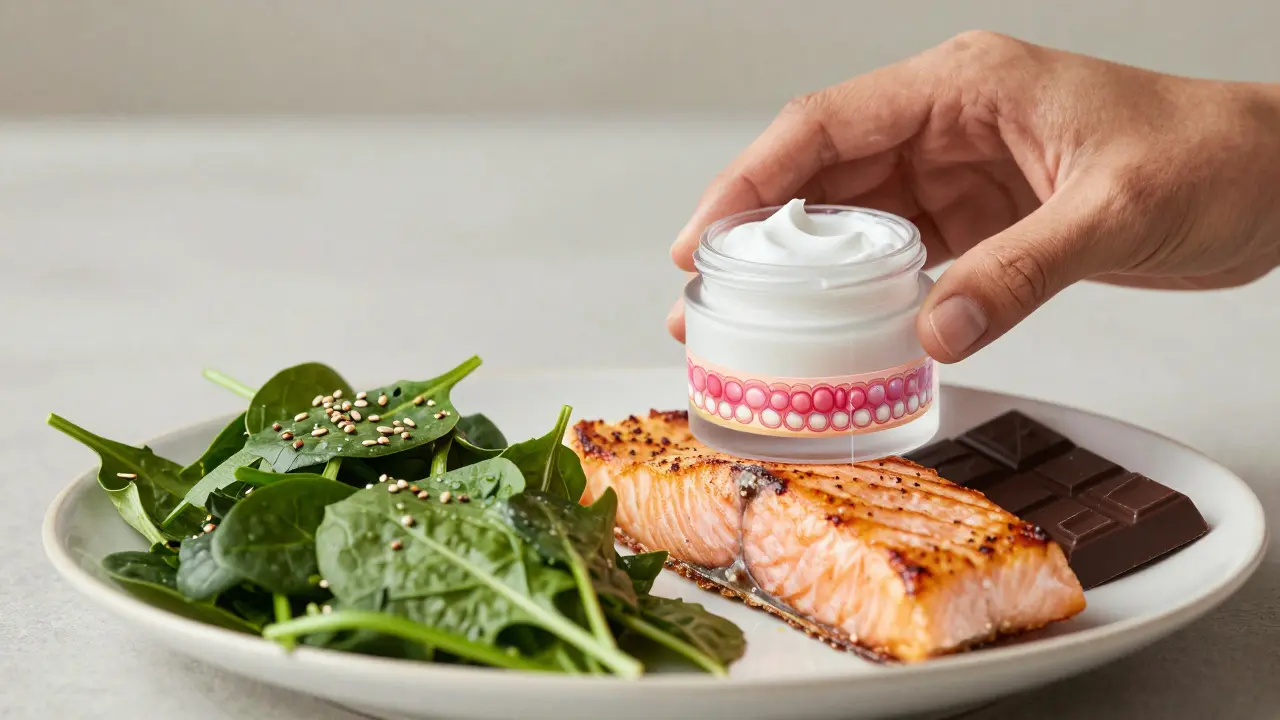 Ruce drží krém vedle jídelníčku pro suchou pokožku, s průhledným znázorněním regenerace kůže.