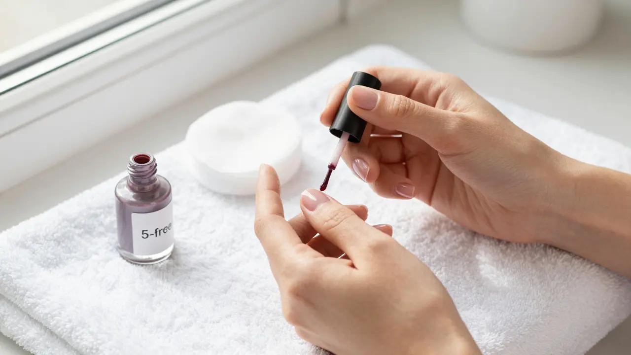 Ruka aplikující tenkou vrstvu laků na nehty s kvalitními produkty na stole.