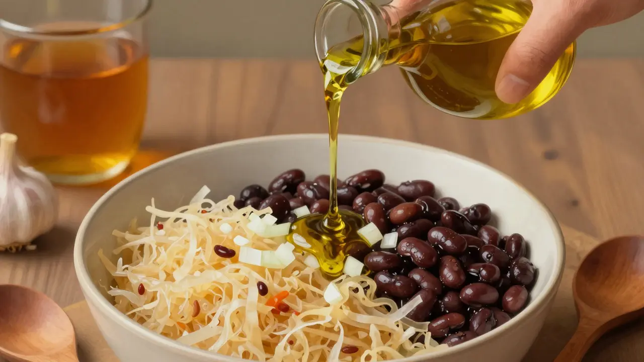 Ruka nalévá olivový olej do mísy s kysaným zelím, fazolemi a cibulí.