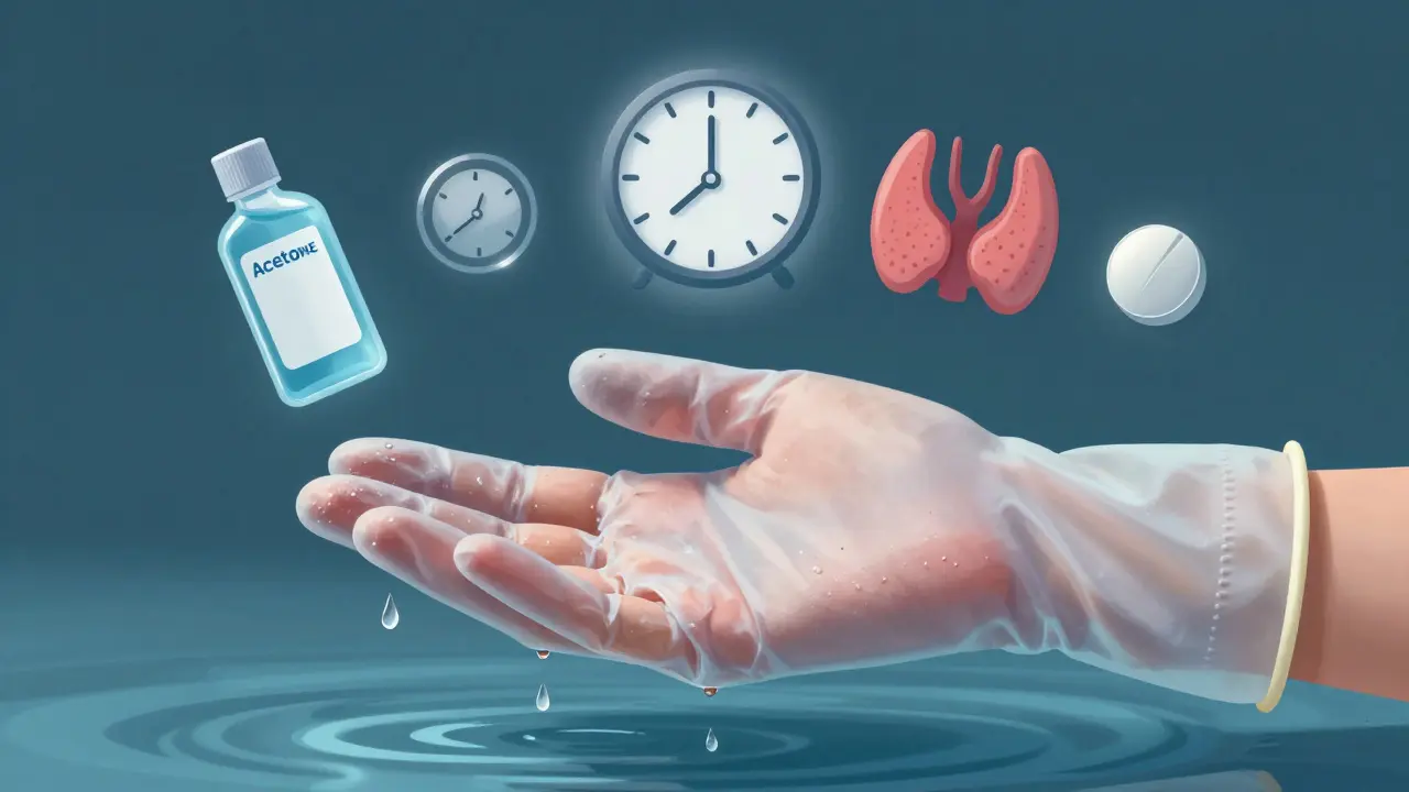 Ruka v rukavicích vodě s symboly poškozujících faktorů jako aceton, stres a štítná žláza.