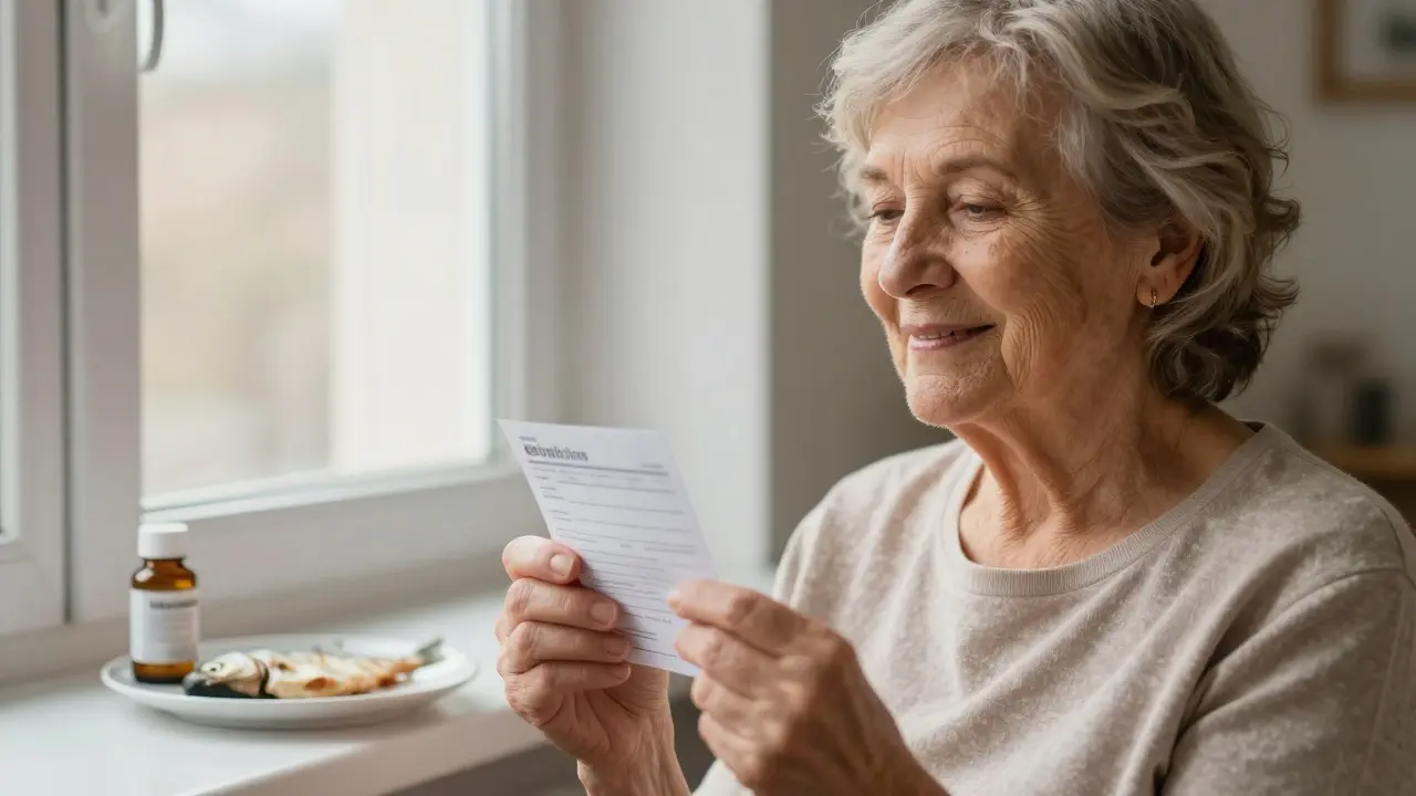 Starší žena drží výsledek krevního testu s vitamínem B12 a rybou na pozadí.