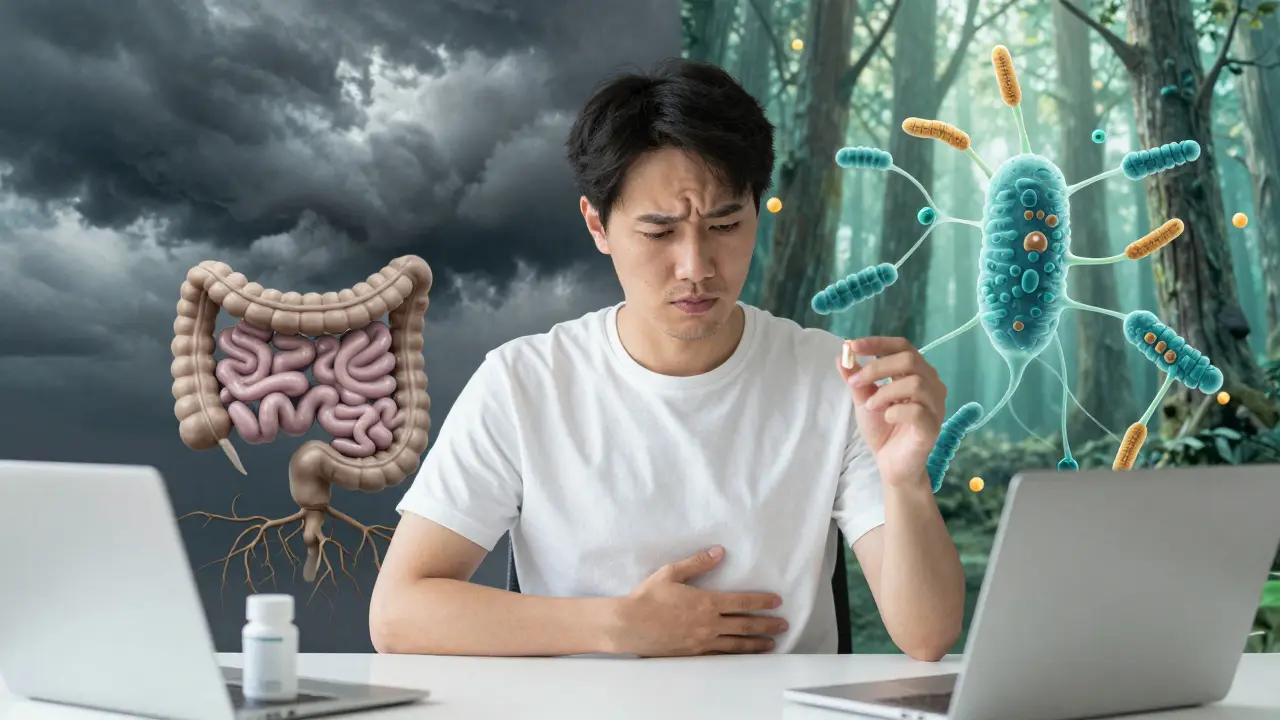 Stresovaná osoba s probiotikem, za ní kontrast mezi chaosem a rovnováhou v těle.