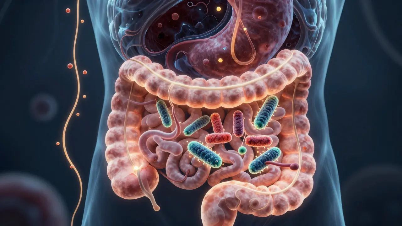 Střevní mikrobiom s laktobacily a bifidobakteriemi kolonizujícími střevo, proti kyselému žaludku.