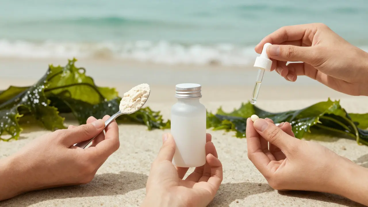 Tři formy mořského kolagenu: prášek, kapsle a kapky na kamenité podložce.