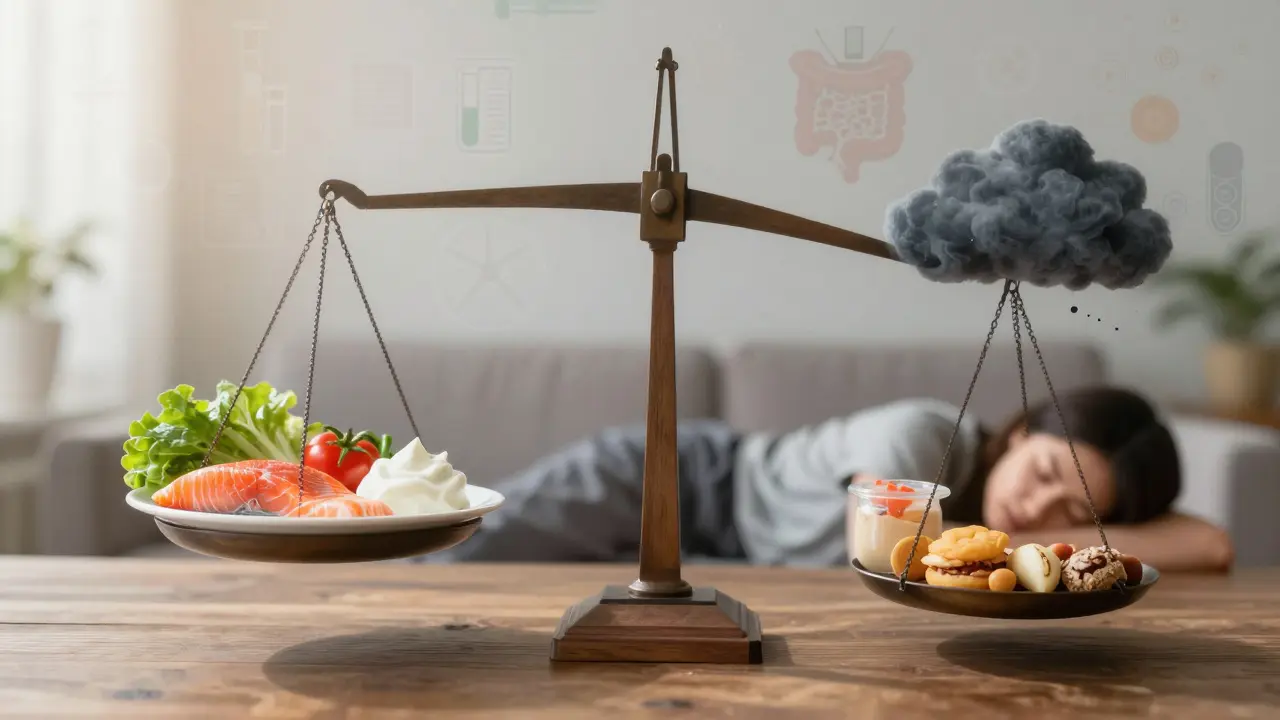 Váha s zdravou stravou a sluncem na jedné straně a stresem a nezdravými potravinami na druhé.