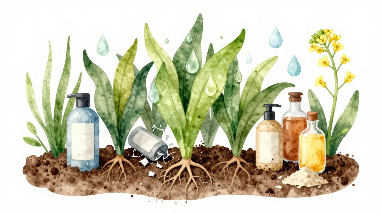 Zdravá kůže hlavy jako zahrada s přirozenými prvky, šampony jsou zničené.