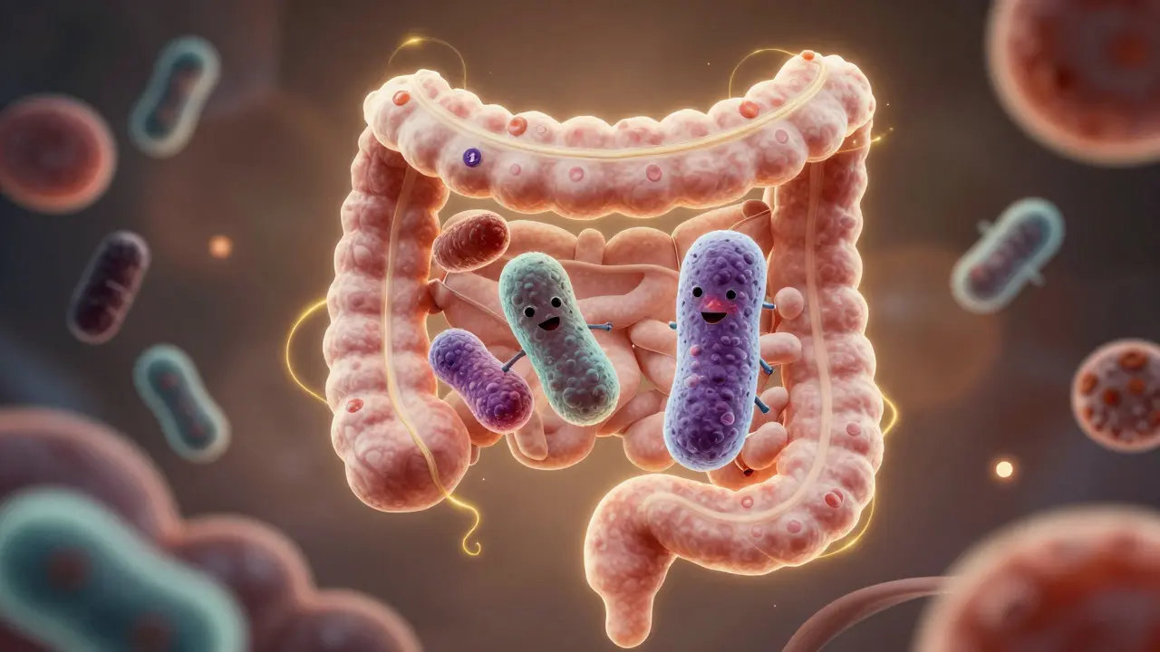 Zdravé střevo s přátelskými bakteriemi laktobacily a ustupujícími antibiotiky.