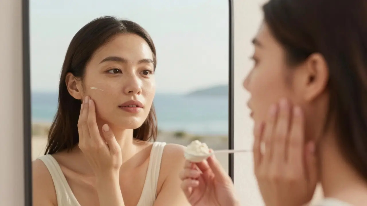 Žena se dotýká tváře, její odraz ukazuje mladší a zdravější pokožku při příjmu mořského kolagenu.