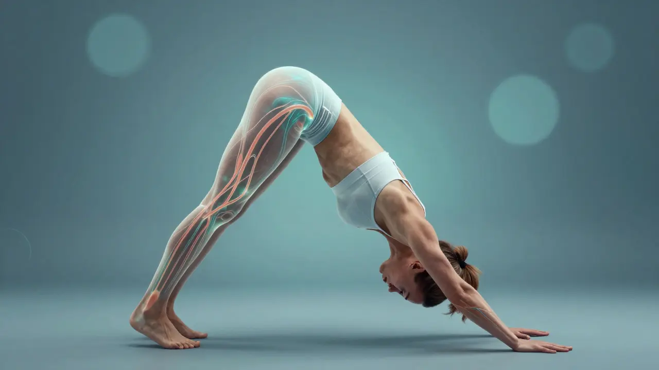 Žena v yoga poloze s viditelnými podkožními vlákny kolagenu a krevními cévami.