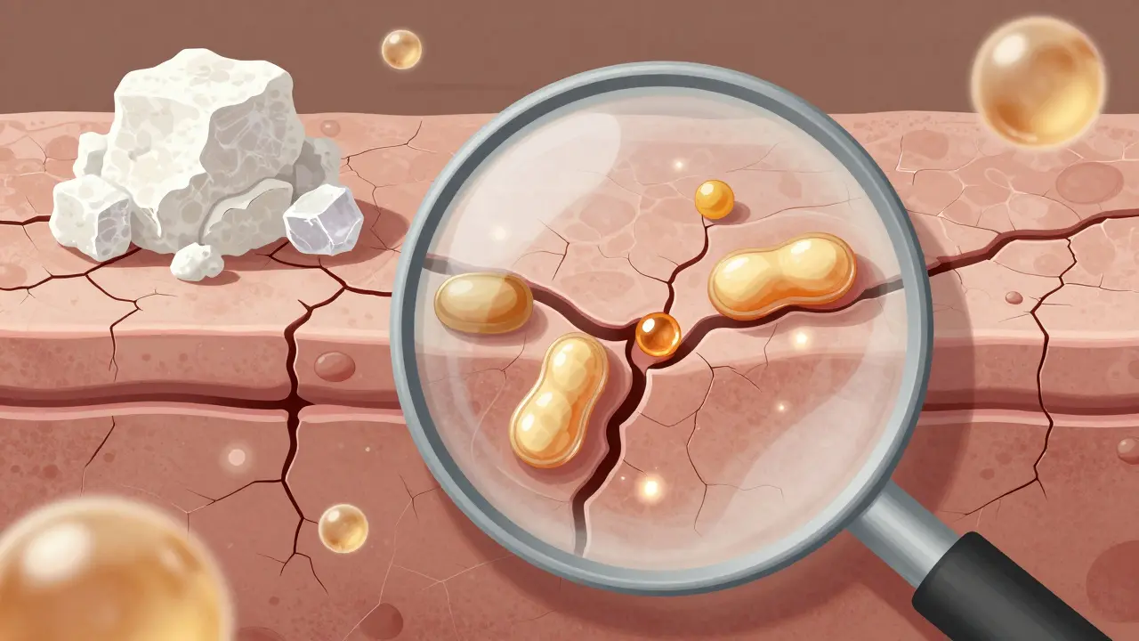Zvětšený pohled na obnovu kůžní bariéry lipidovými molekulami.
