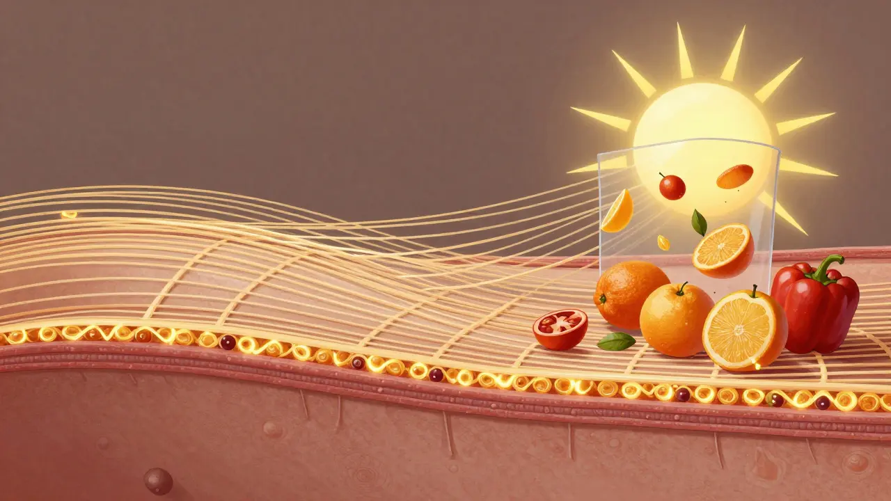 Abstraktní znázornění kůže s kolagenem a elastinem, podporovaným vitamínem C a ochranou před UV.