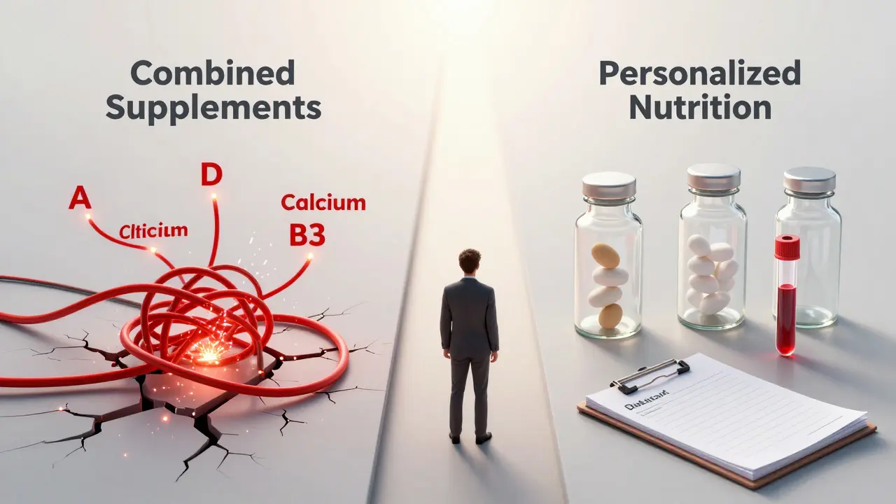 Člověk mezi nebezpečnou kombinací vitamínů a bezpečnou personalizovanou výživou s krevním testem.