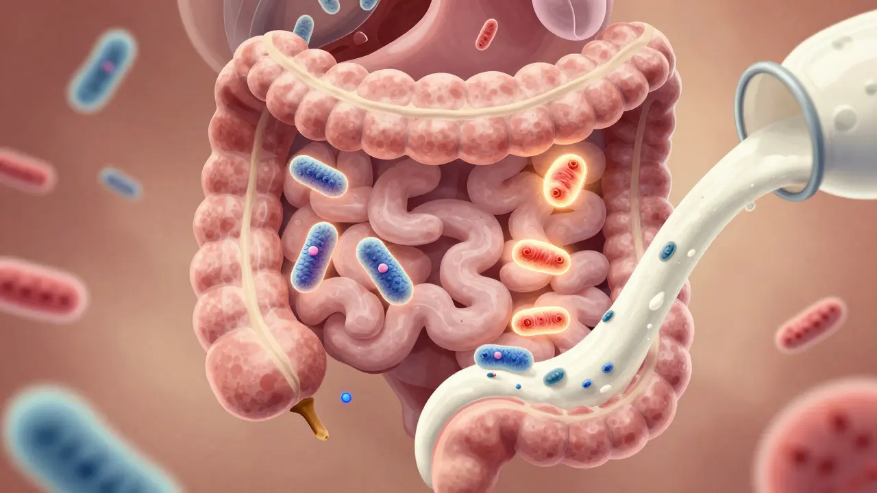 Dobré bakterie v střevech přijímají kefír, zatímco škodlivé mikroby ustupují.