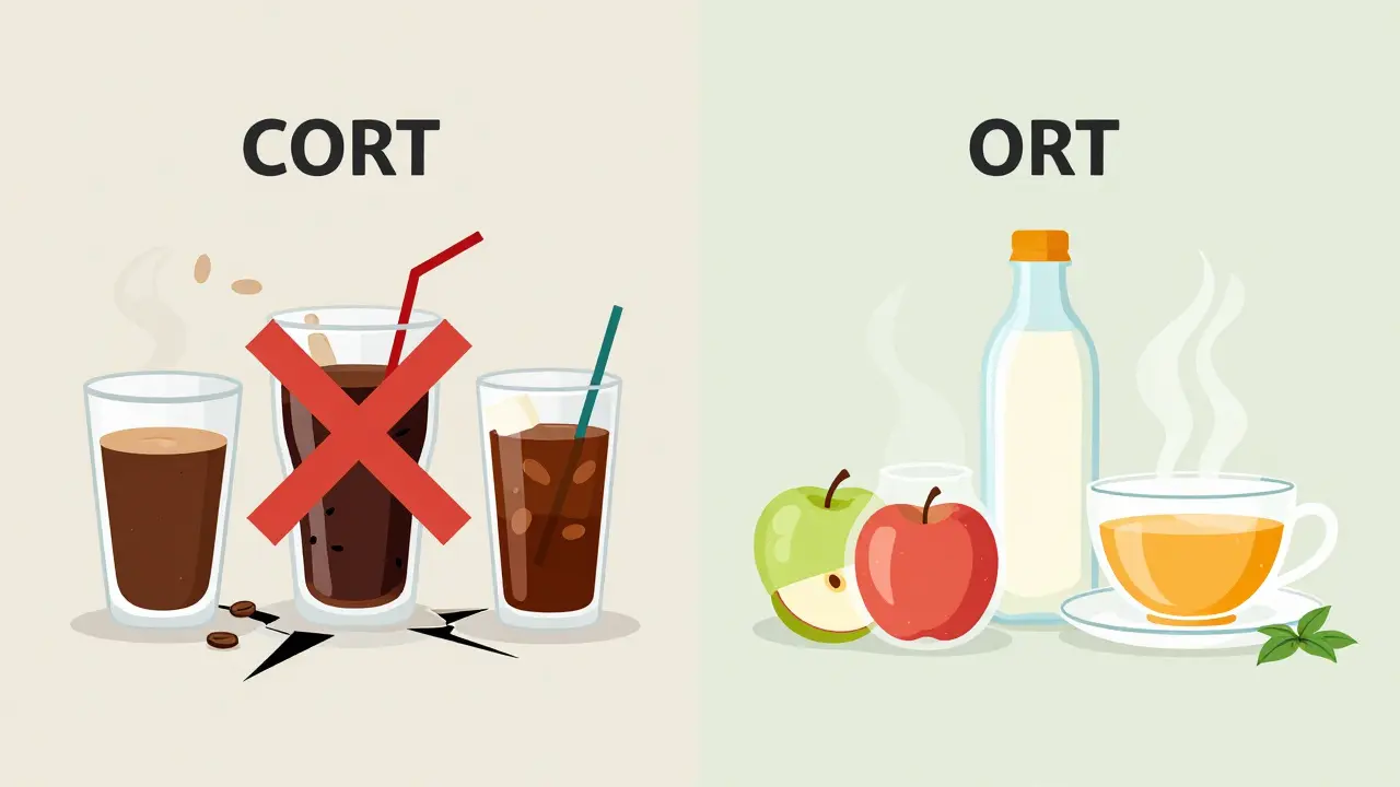 Doporučené nápoje při průjmu vpravo, zakázané vlevo, v kontrastní kompozici.