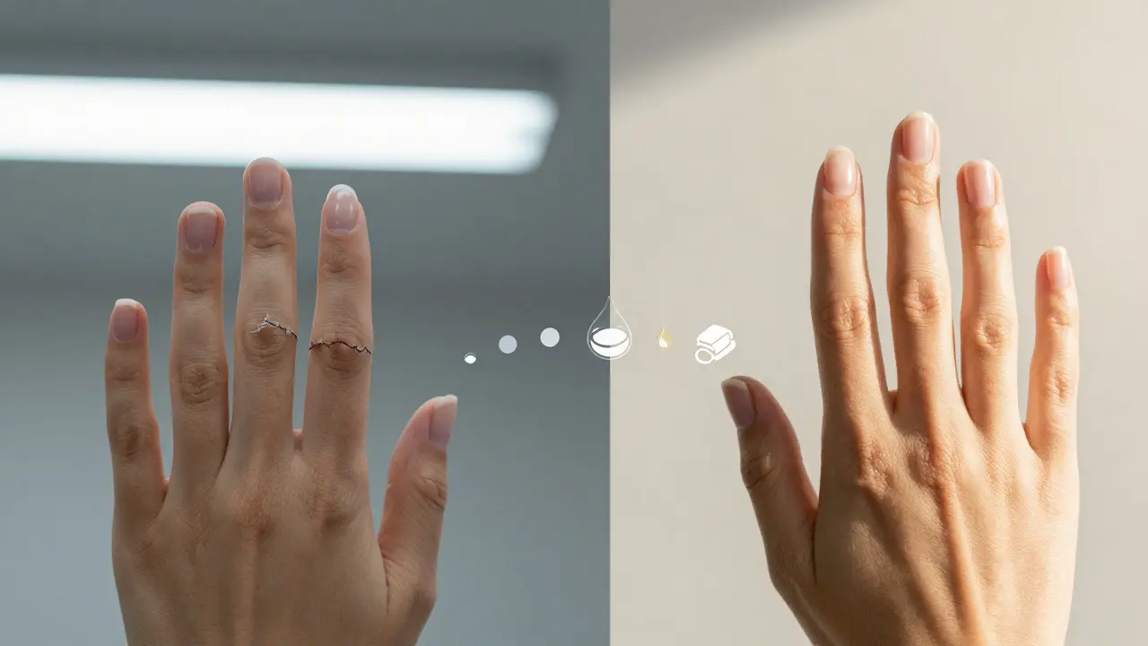 Dvě strany nehtů: křehké na levé, silné na pravé, spojené cestou živin a oleje.