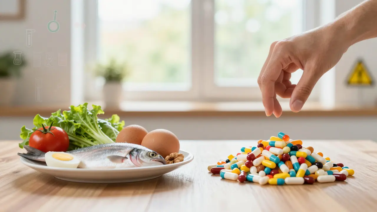Fresh food beside mountain of vitamin pills, hand hovering between them