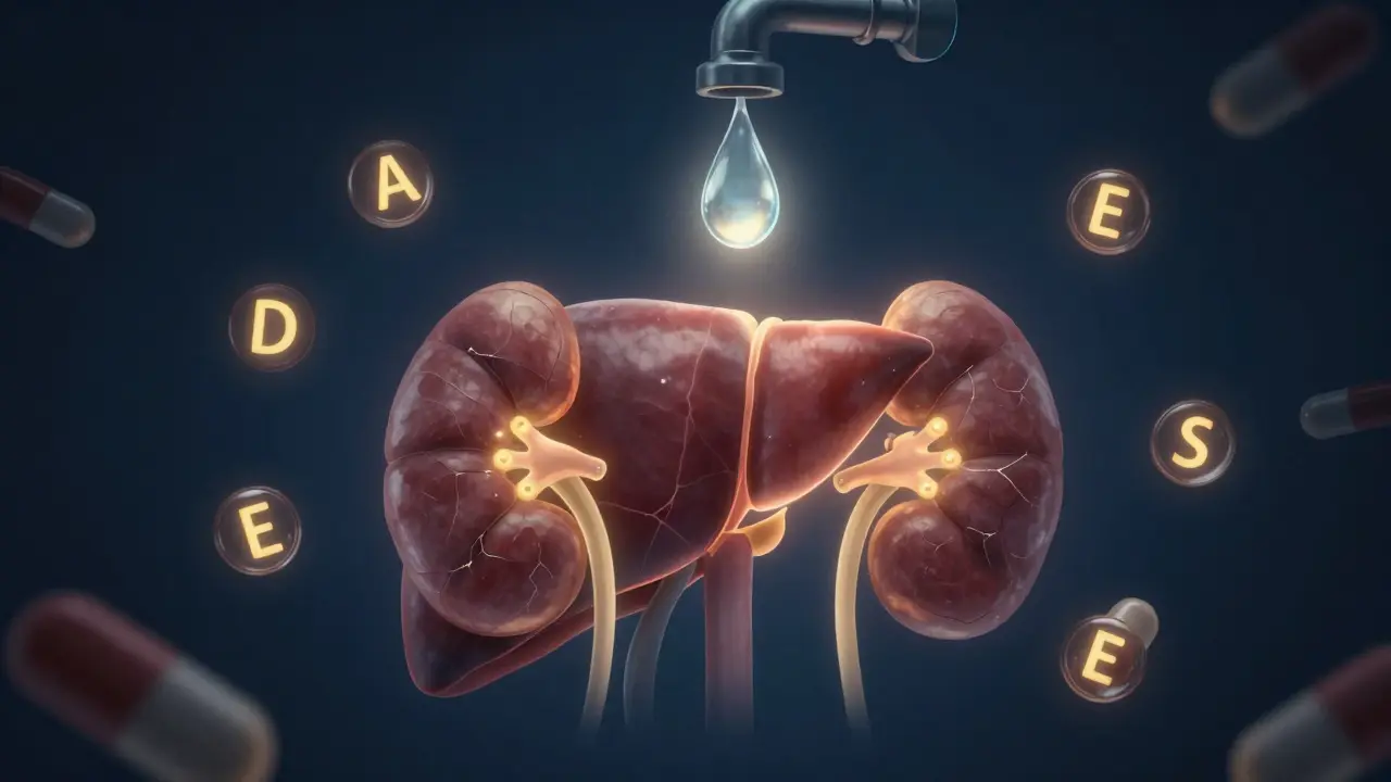 Human liver and kidneys glowing with vitamin overload and cracks forming
