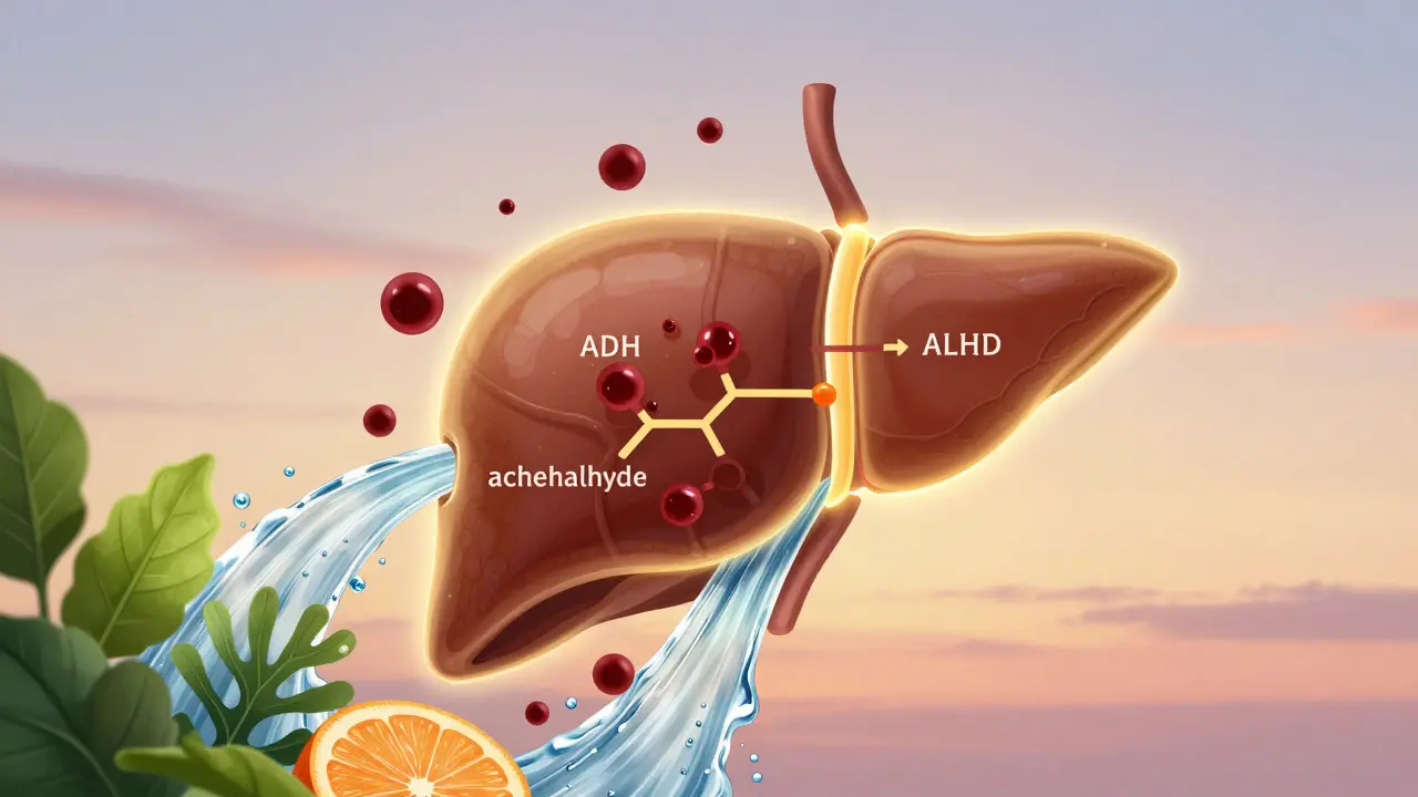 Játra s enzymatickými cestami přeměny alkoholu, napájená vodou a zeleninou.