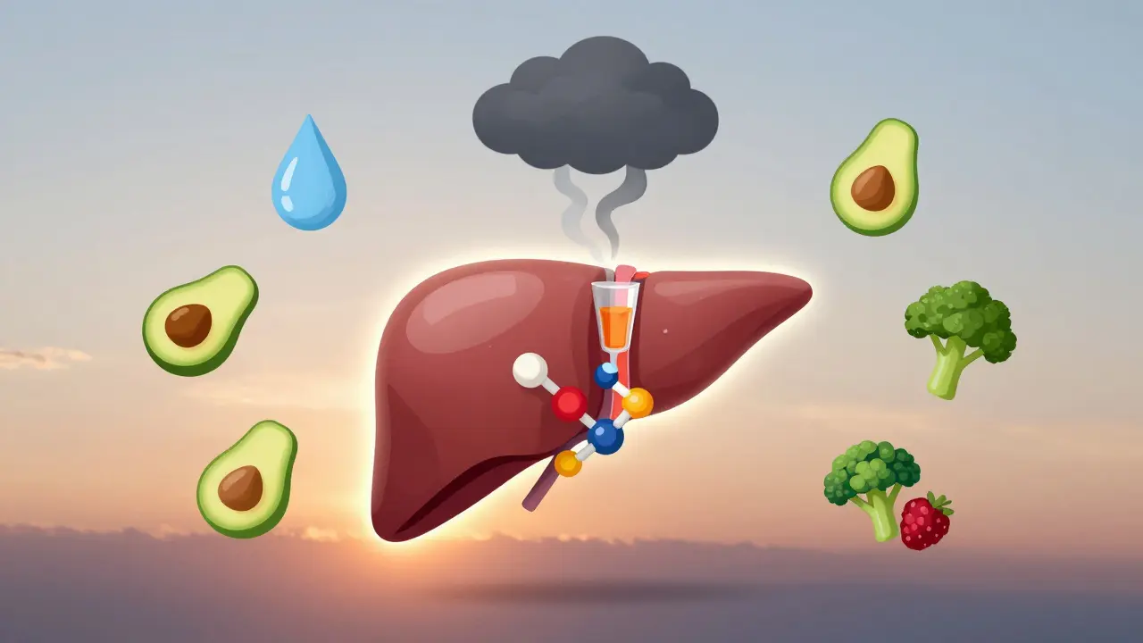 Játra zpracovávají alkohol, obklopená vodou, avokádem a špenátem jako symbol přirozené detoxikace.