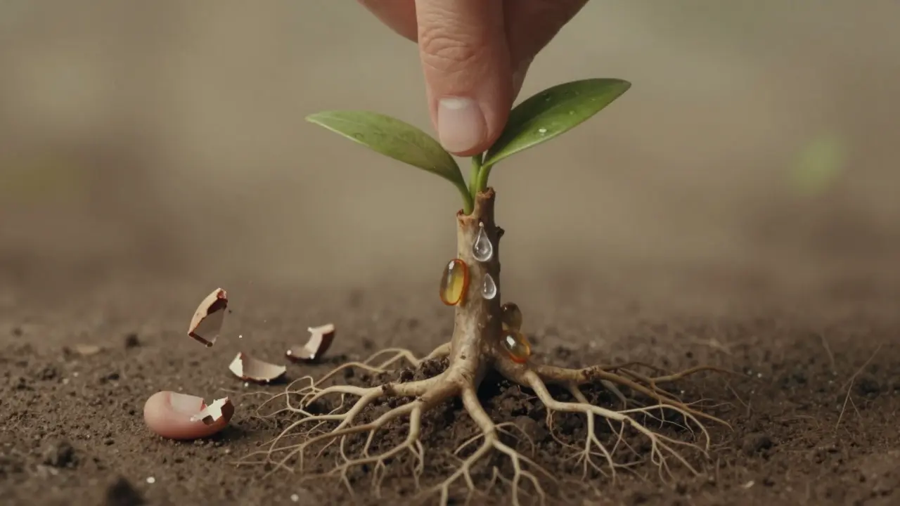 Koncepční obraz zdravého nehtu živícího se z výživy, zatímco poškozené nehty zanikají.