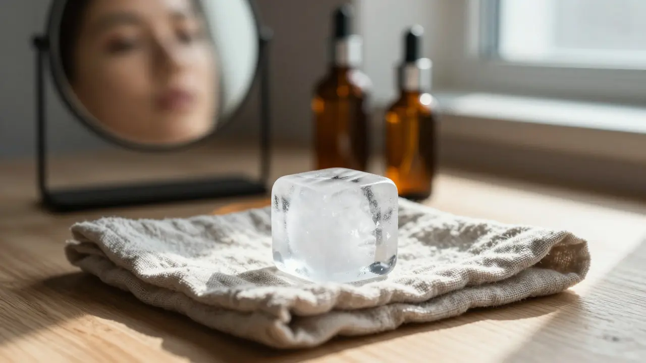 Ledová krychlička na látkovém kousku s jemným odrazem obličeje ve ledu.