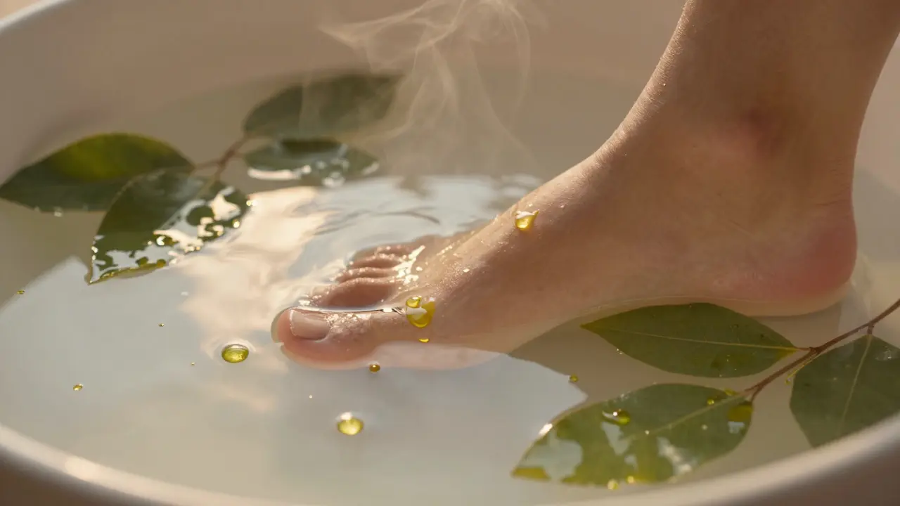 Noha v teplé vodě s olivovým olejem a listy čajového stromku