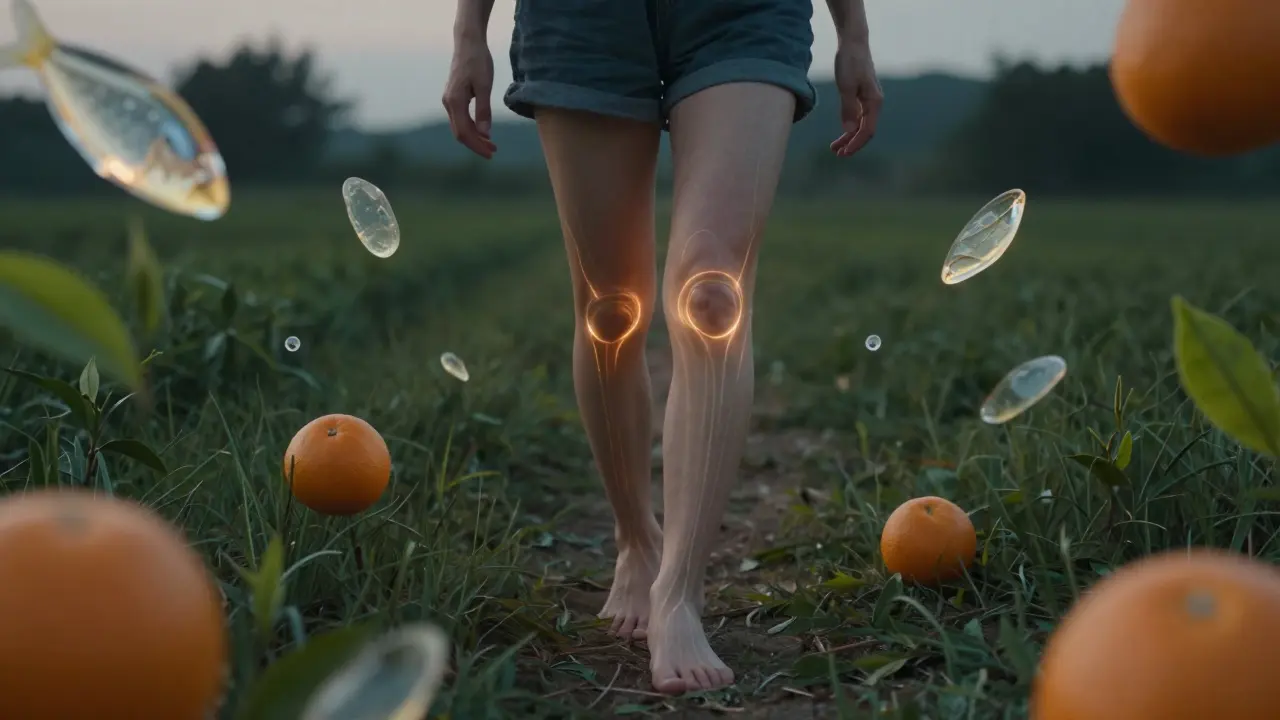 Osoba chodící v západu slunce s jemným zářivým výrazem na šlachách, okolo ní plavoucí prvky výživy.