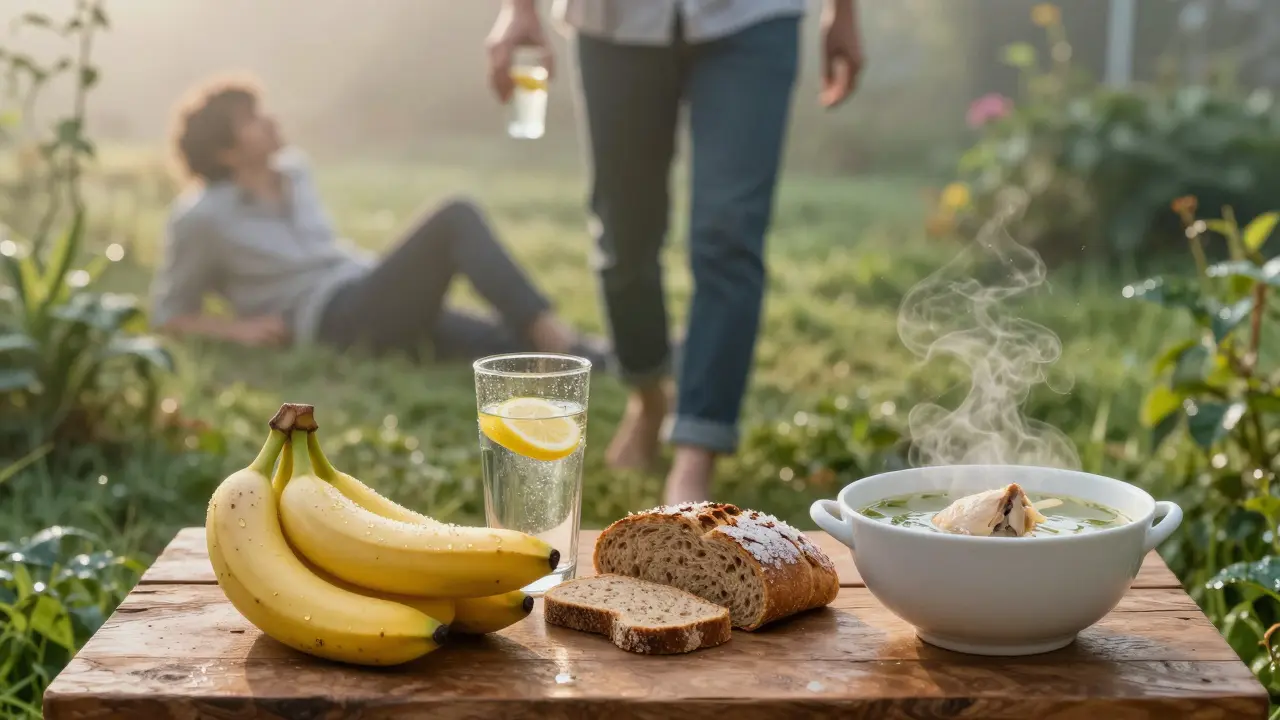 Osoba kráčí zahradou s vodou s citrónem, za ní zaniká postava opilce, před ní zdravá jídla na stole.